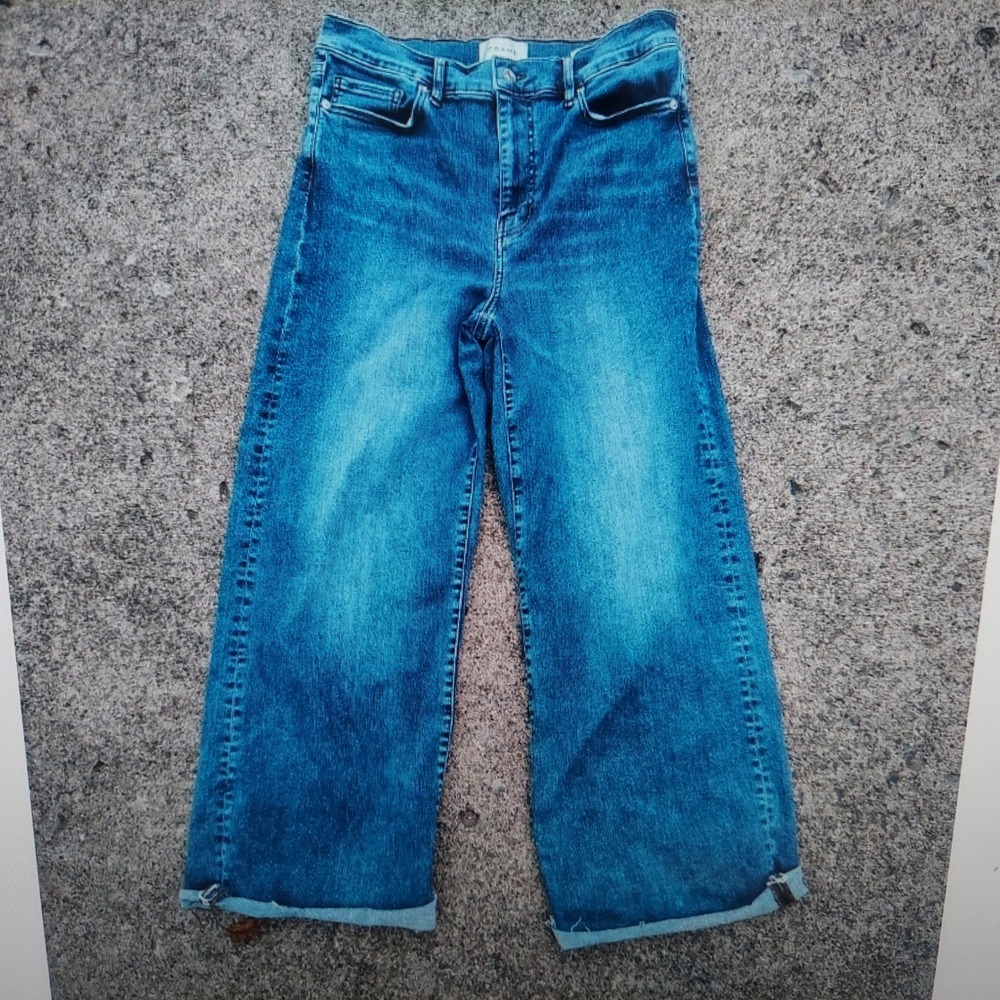 Frame Womens Jeans 31 Blue Boho Le Slim High Rise Wide Leg Cropped Raw Hem